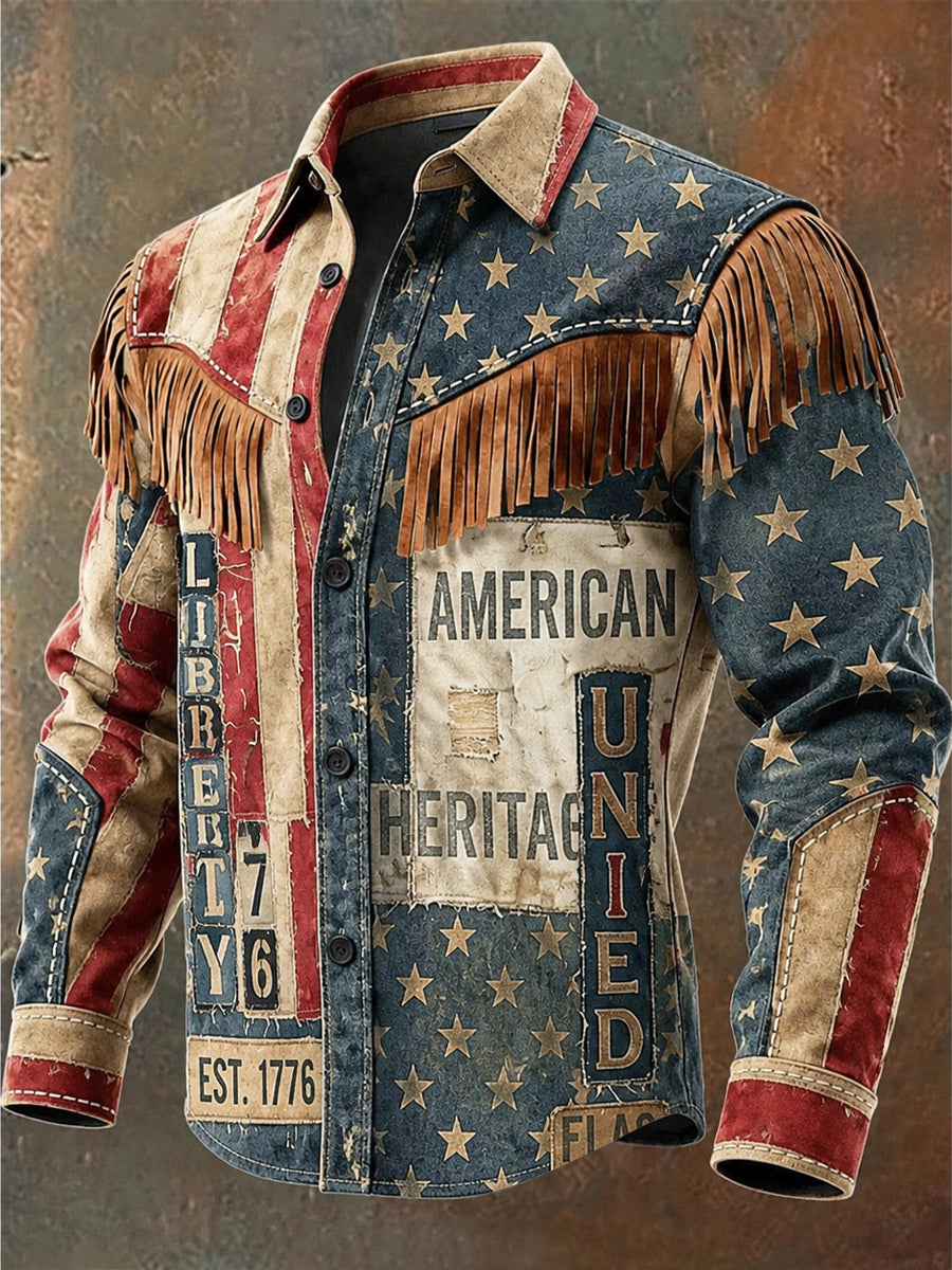 Men's Retro Style Art Print Western Vintage Tassel Casual Long Sleeve Shirt